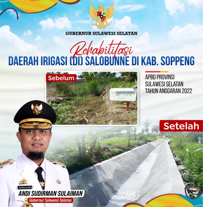 
					Rehab Irigasi Salobunne Rampung, Gubernur Andi Sudirman Harap Tingkatkan Hasil Pertanian